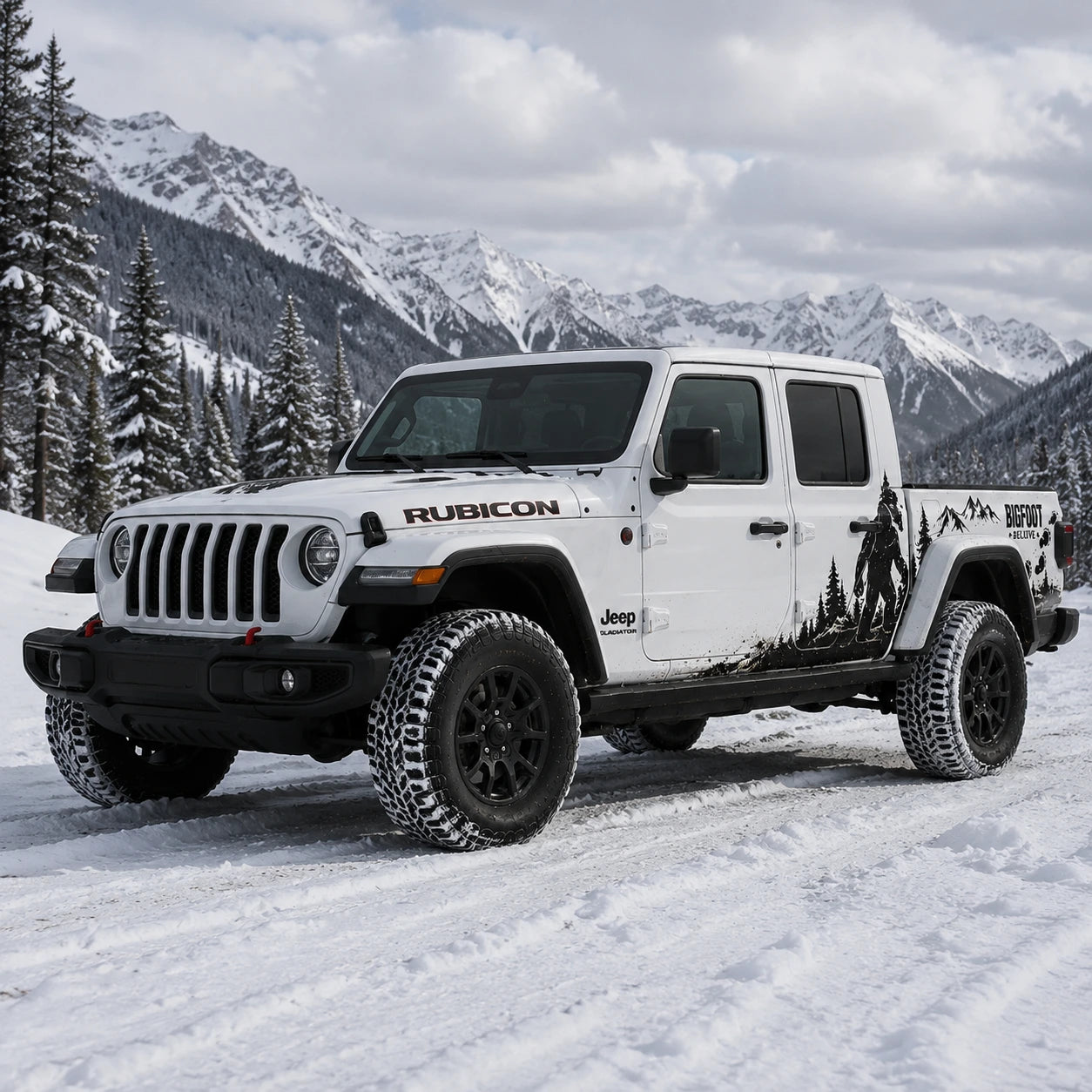 Jeep Gladiator Bigfoot Decal Kit – front 3/4 view in snowy mountain setting