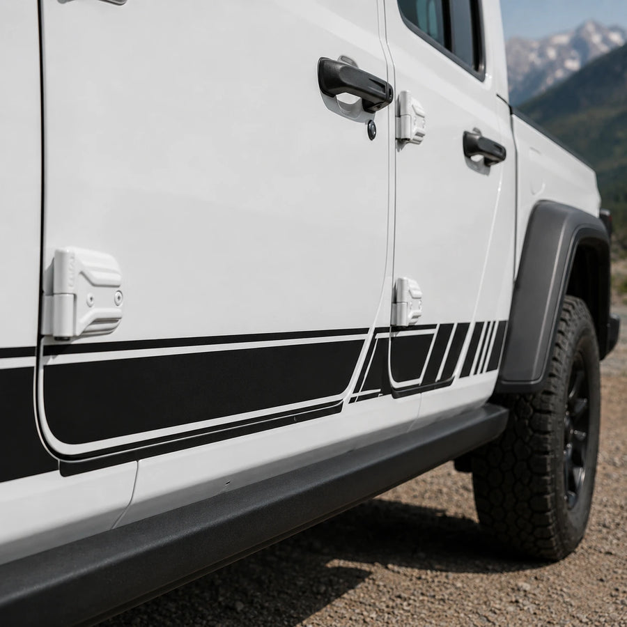 Jeep Gladiator racing stripe decal – close-up rocker panel detail on white truck in mountain terrain