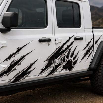 Jeep Gladiator Rubicon bear claw scratch decal – close-up door panel bear paw and slash mark detail in mountain terrain