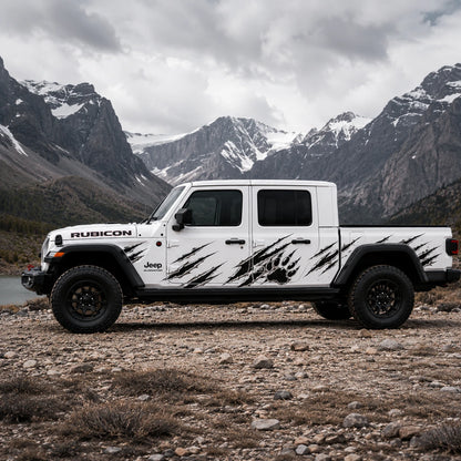 Jeep Gladiator Rubicon bear claw scratch decal – full driver side view at rocky alpine lake mountain setting