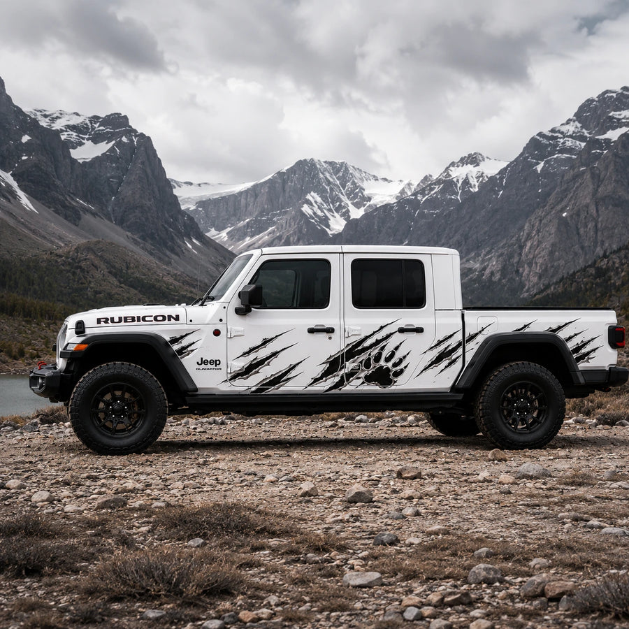 Jeep Gladiator Rubicon bear claw scratch decal – full driver side view at rocky alpine lake mountain setting