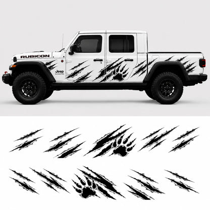Jeep Gladiator Rubicon bear claw scratch decal kit – full side profile and flat decal layout on white background