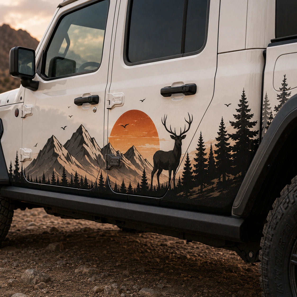 Jeep Gladiator Rubicon elk sunset mountain decal – close-up door panel elk and sunset detail in rocky desert canyon