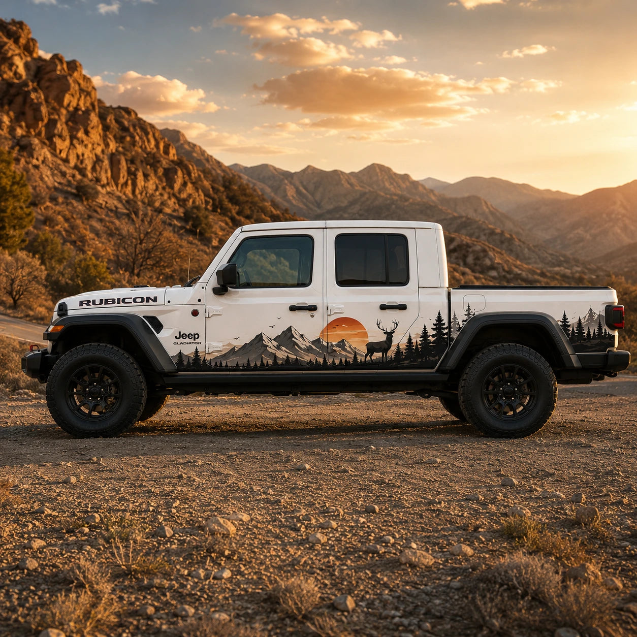 Jeep Gladiator Rubicon elk sunset mountain decal – full driver side view in golden hour desert mountain setting