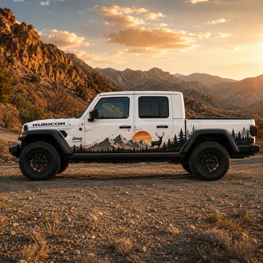 Jeep Gladiator Rubicon elk sunset mountain decal – full driver side view in golden hour desert mountain setting