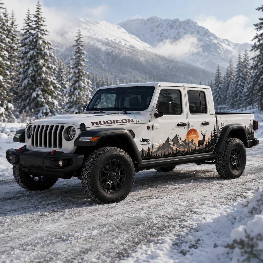 Jeep Gladiator Rubicon elk sunset mountain decal kit – front 3/4 view in snowy pine forest mountain setting