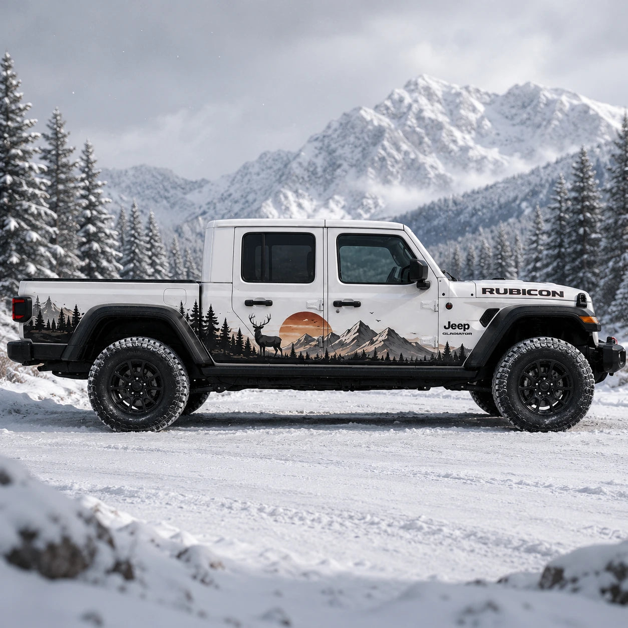 Jeep Gladiator Rubicon elk sunset mountain decal – full passenger side view in snowy mountain setting