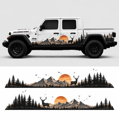 Jeep Gladiator Rubicon elk sunset mountain decal kit – full side profile and flat decal layout on white background