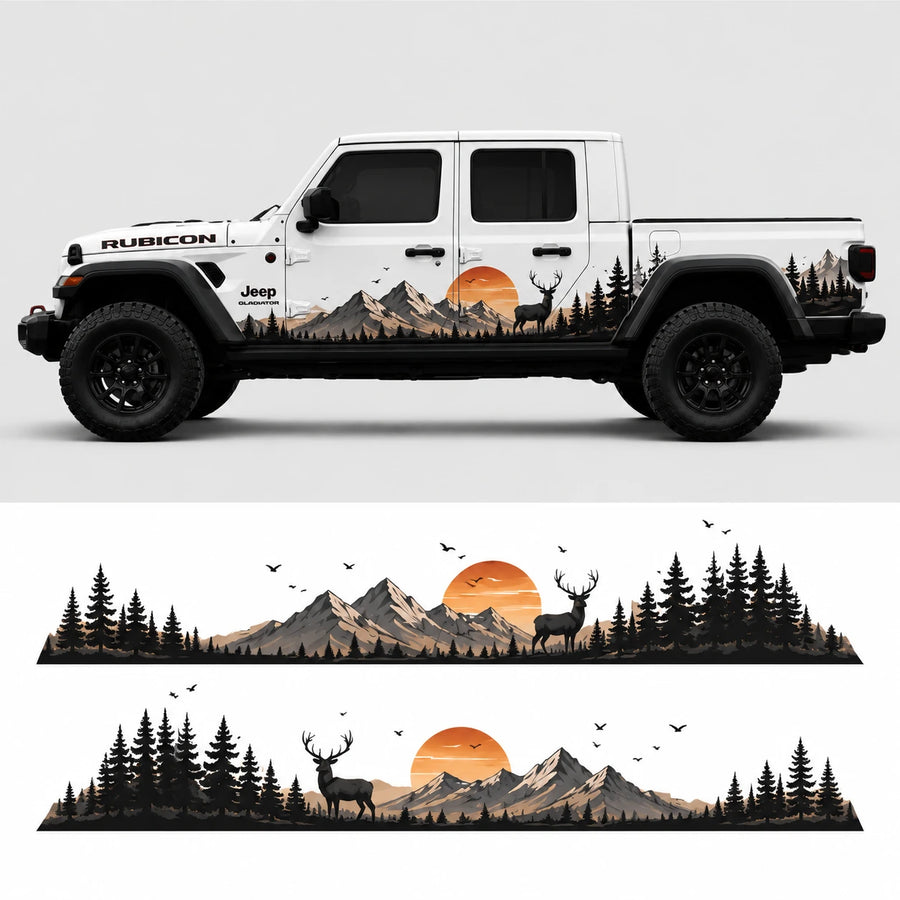 Jeep Gladiator Rubicon elk sunset mountain decal kit – full side profile and flat decal layout on white background