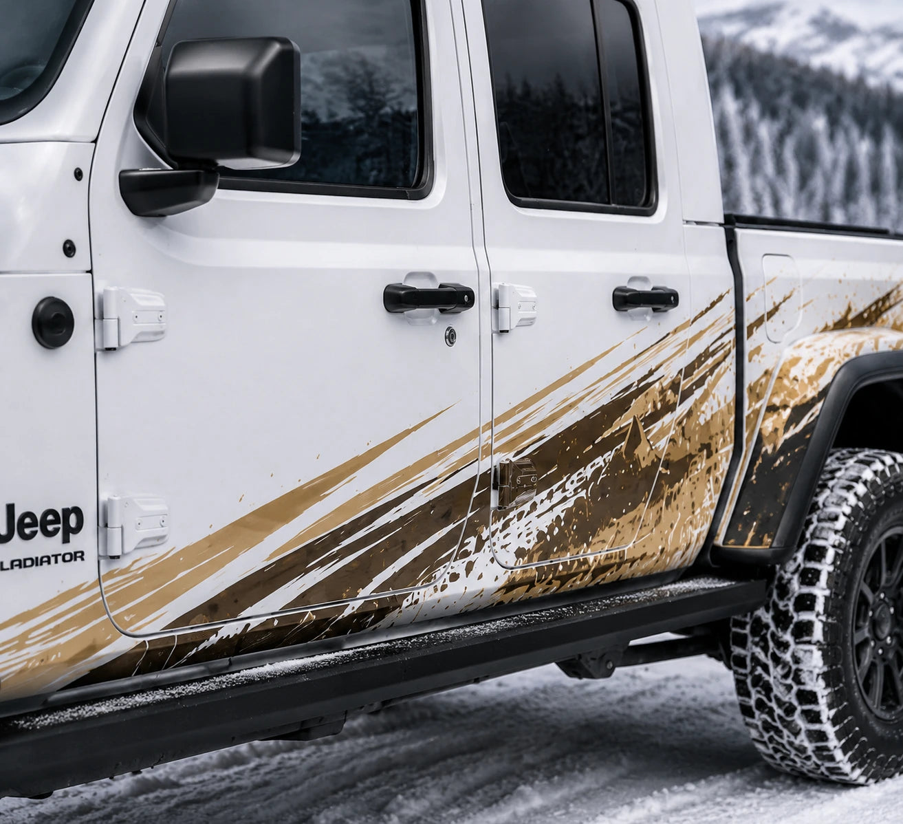 Jeep Gladiator Rubicon mud splash offroad decal – close-up door panel gold brown mud splatter detail in snow