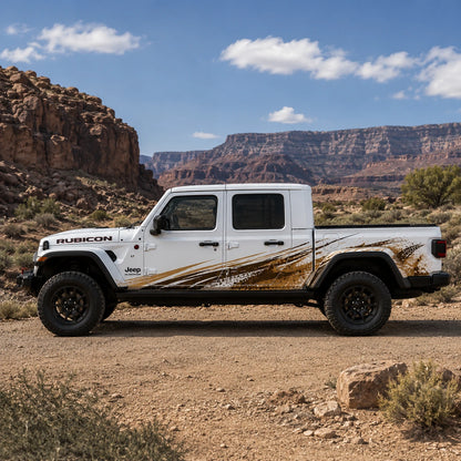 Jeep Gladiator Rubicon mud splash offroad decal – full driver side view in Moab red rock canyon desert