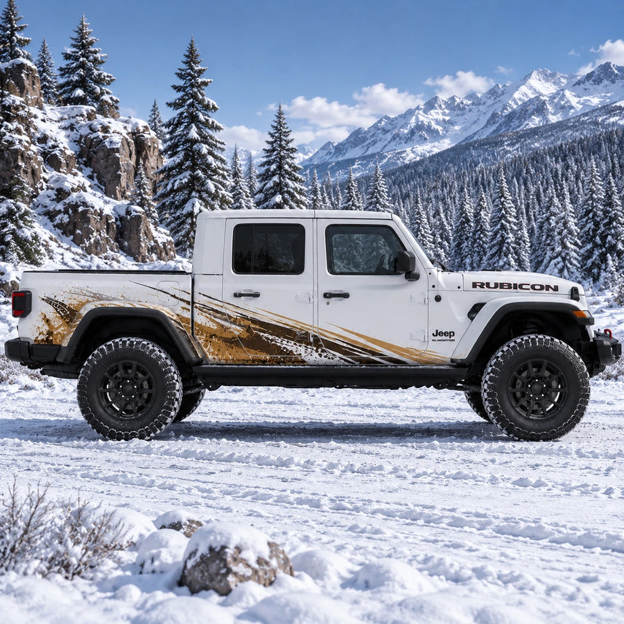 Jeep Gladiator Rubicon mud splash offroad decal kit – driver side view in snowy pine forest mountain setting