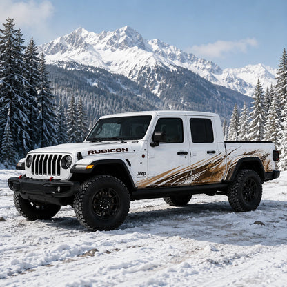 Jeep Gladiator Rubicon mud splash offroad decal – front 3/4 view in snowy alpine mountain setting