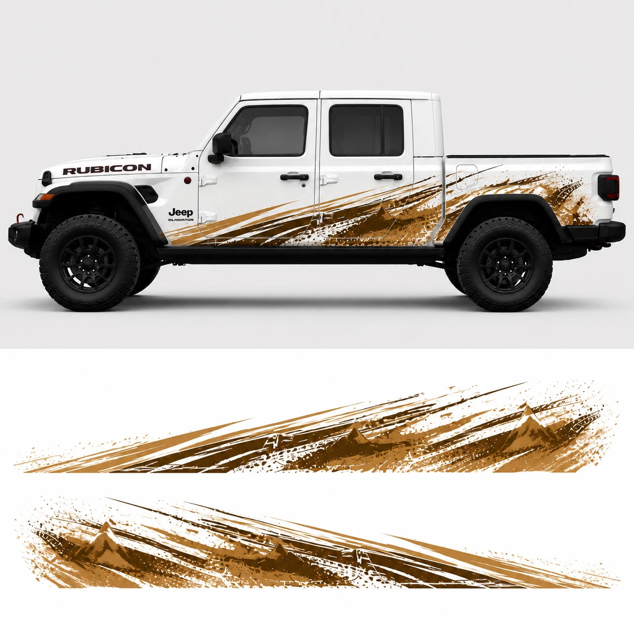 Jeep Gladiator Rubicon mud splash offroad decal – full side profile and flat decal layout on white background