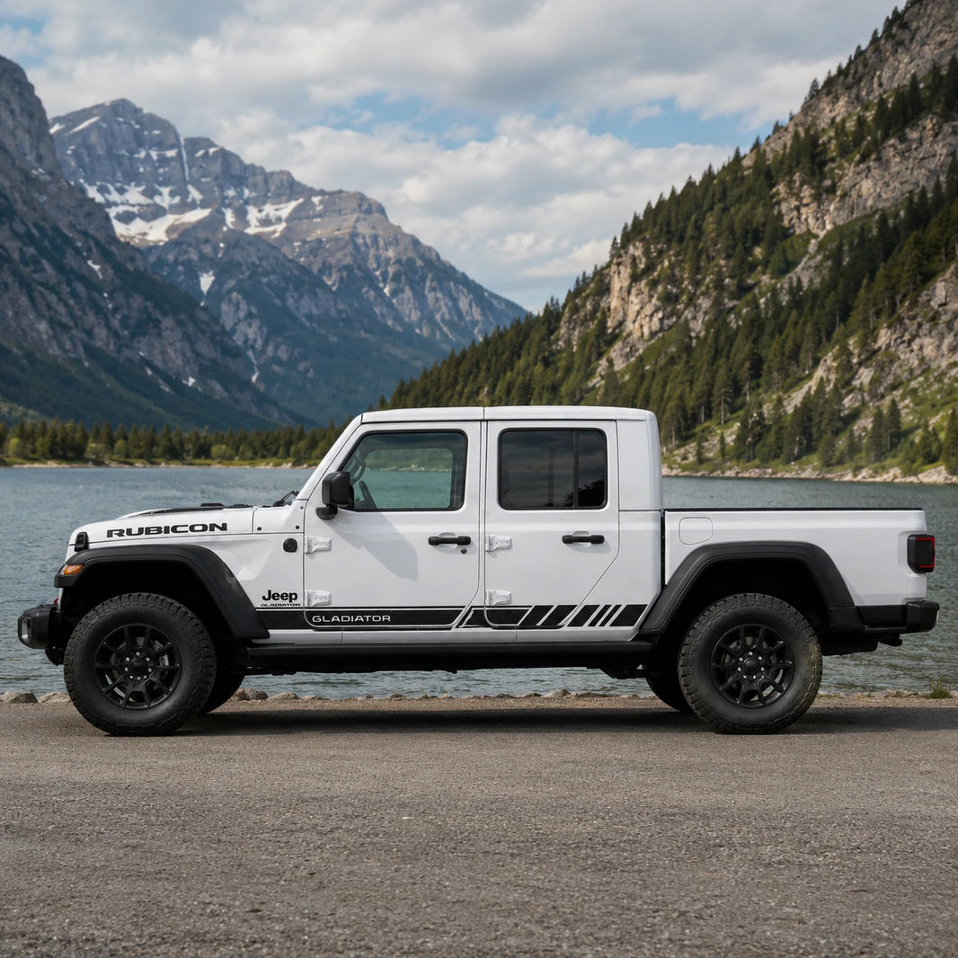 Jeep Gladiator Rubicon racing stripe decal – driver side view at mountain lake shoreline