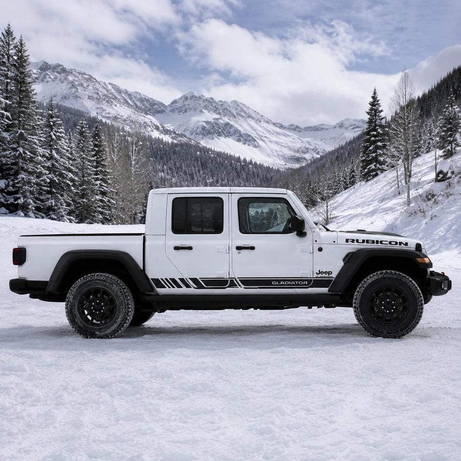 Jeep Gladiator Rubicon racing stripe decal – full driver side view in snowy mountain setting