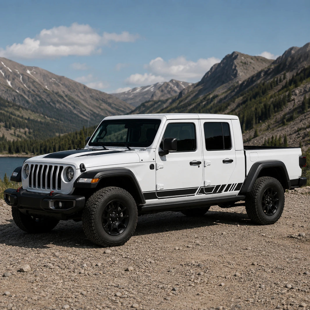 Jeep Gladiator Rubicon racing stripe decal – front 3/4 view at alpine lake trailhead