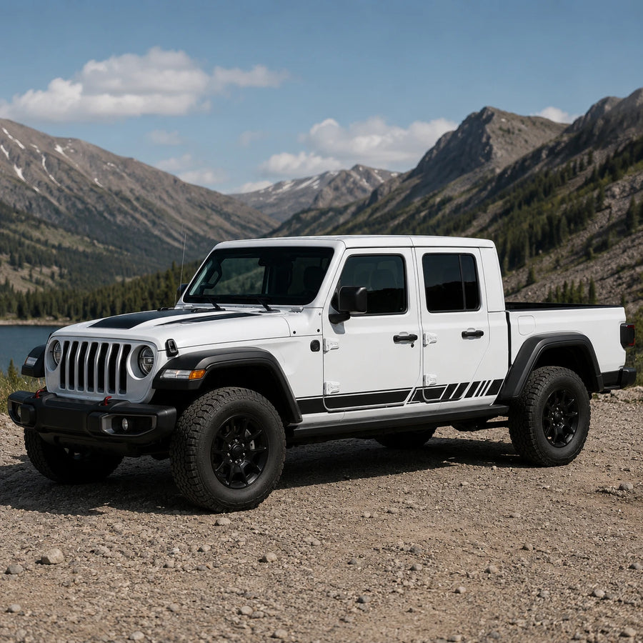 Jeep Gladiator Rubicon racing stripe decal – front 3/4 view at alpine lake trailhead