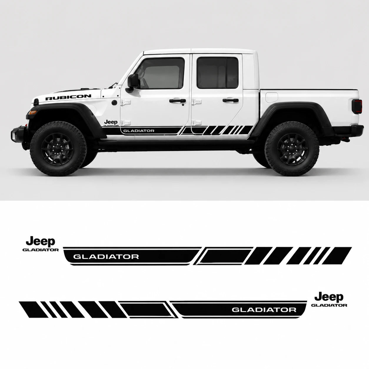 Jeep Gladiator Rubicon racing stripe decal kit – full side profile and flat decal layout on white background