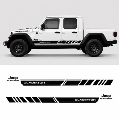 Jeep Gladiator Rubicon racing stripe decal kit – full side profile and flat decal layout on white background