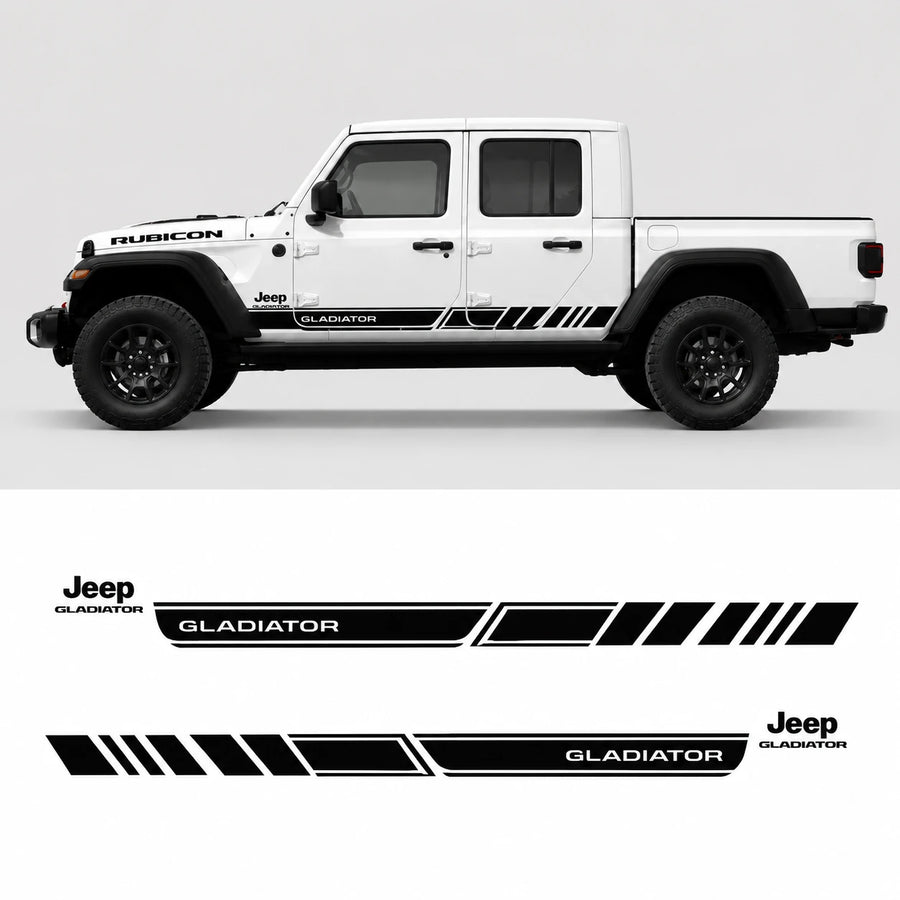 Jeep Gladiator Rubicon racing stripe decal kit – full side profile and flat decal layout on white background