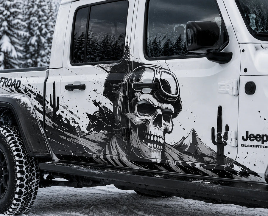 Jeep Gladiator Rubicon skull offroad decal – close-up door panel aviator skull detail in snowy pine forest