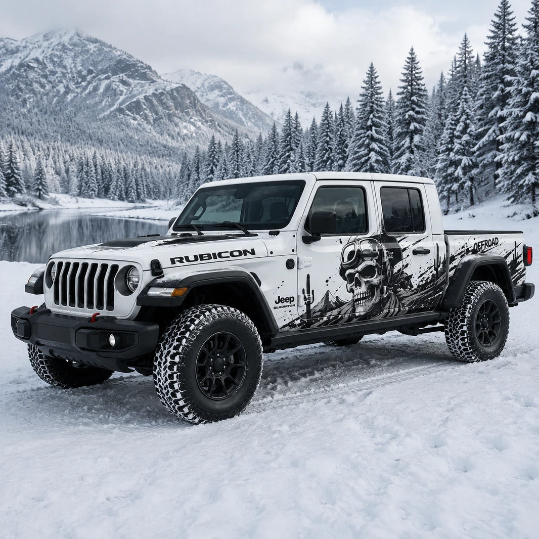 Jeep Gladiator Rubicon skull offroad decal – front 3/4 view at snowy alpine lake in pine forest