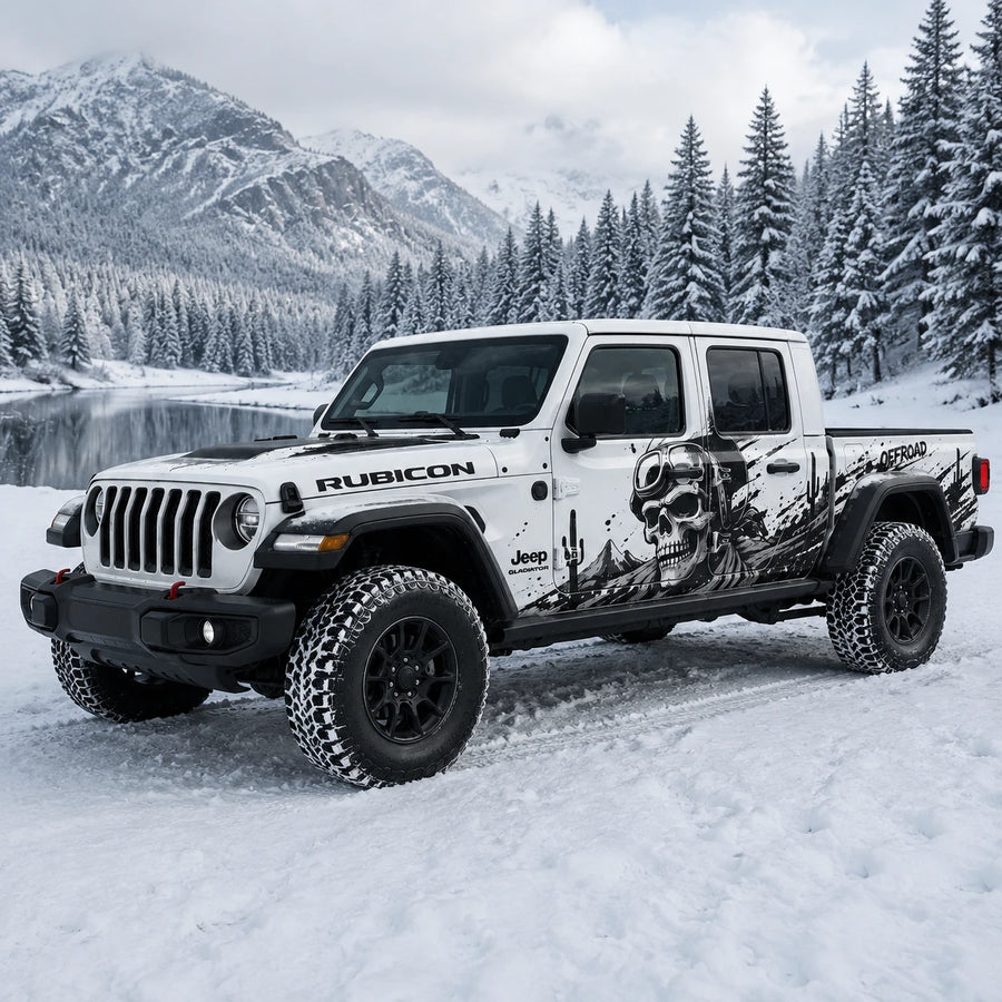 Jeep Gladiator Rubicon skull offroad decal – front 3/4 view at snowy alpine lake in pine forest