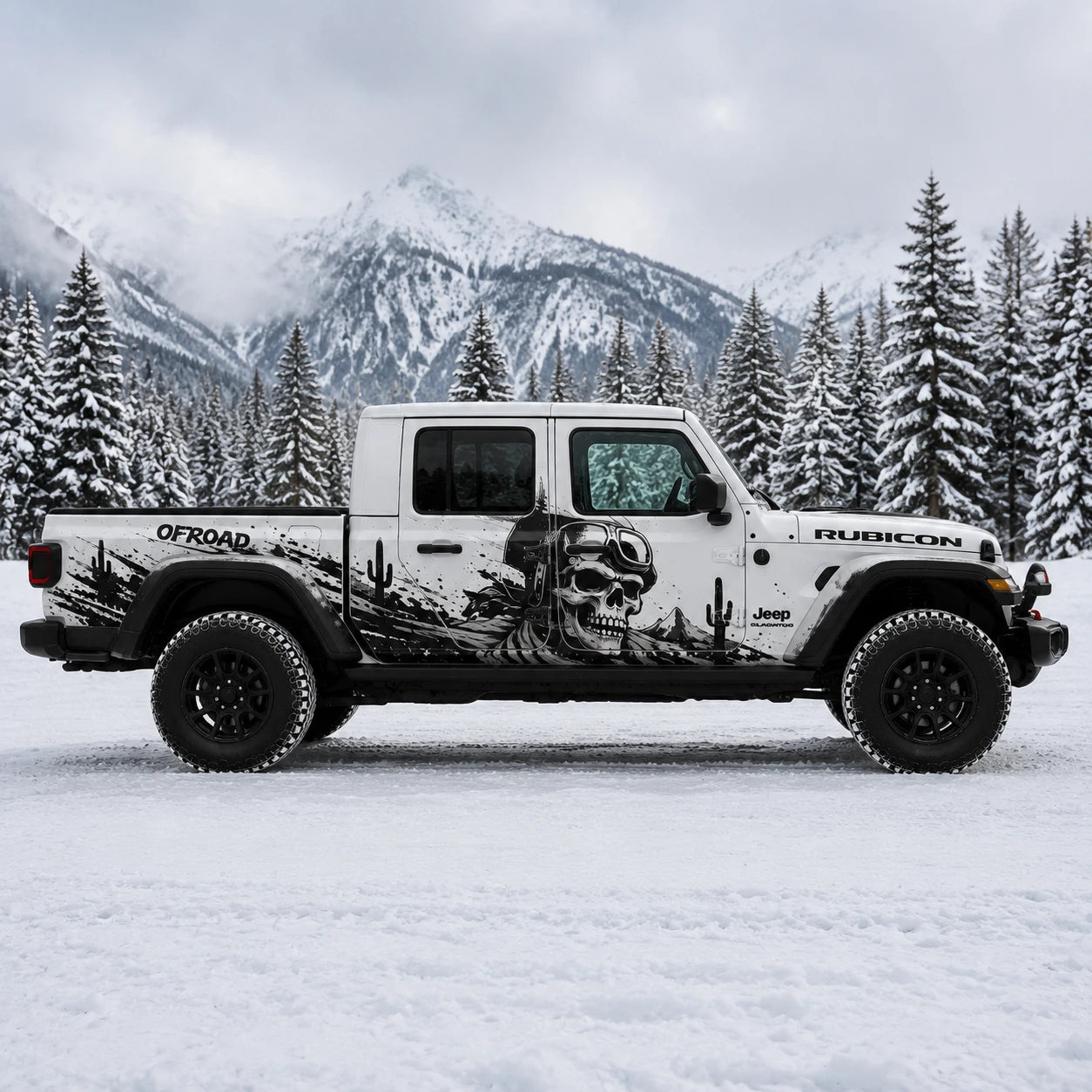 Jeep Gladiator Rubicon skull offroad decal – full passenger side view in snowy mountain pine forest