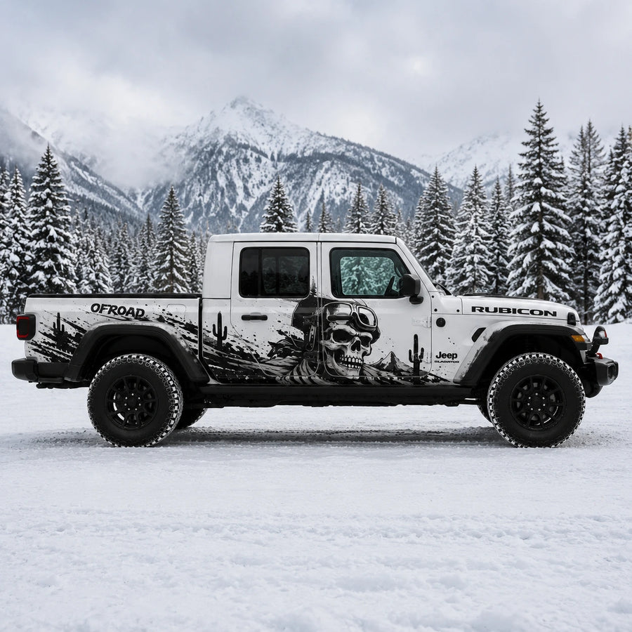 Jeep Gladiator Rubicon skull offroad decal – full passenger side view in snowy mountain pine forest
