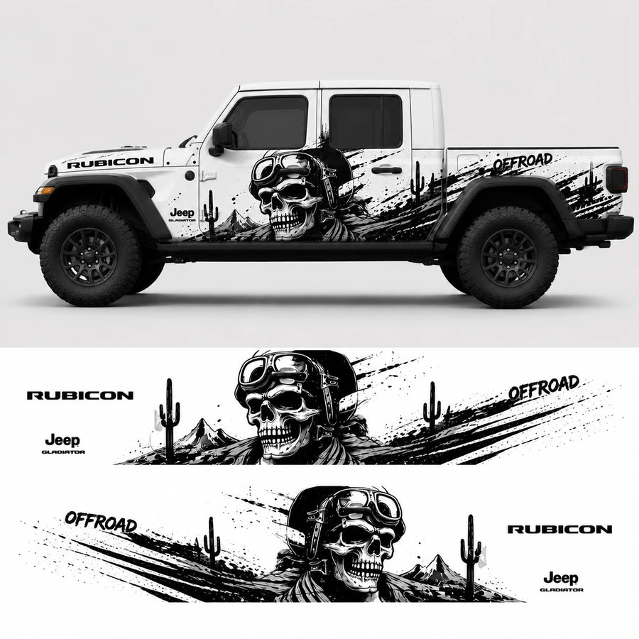 Jeep Gladiator Rubicon skull offroad decal kit – full side profile and flat decal layout on white background