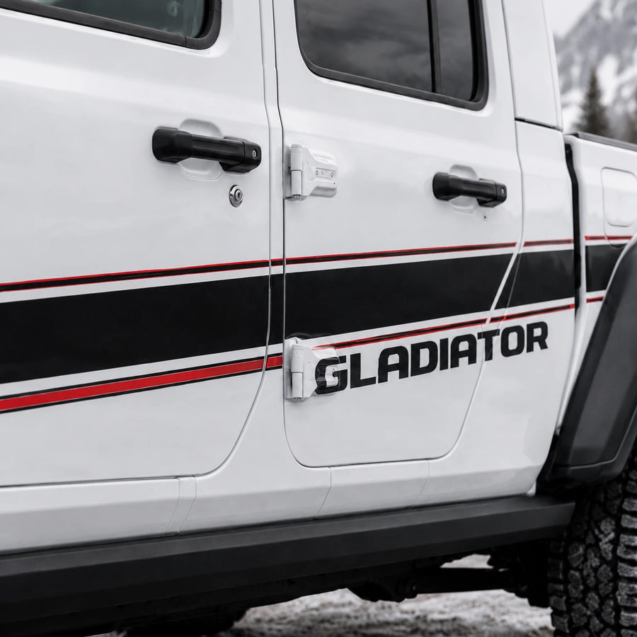 Jeep Gladiator Rubicon sport stripe decal – close-up door panel black red GLADIATOR stripe detail in snow