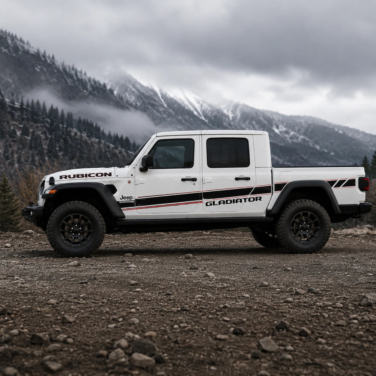 Jeep Gladiator Rubicon sport stripe decal – full driver side view on rocky mountain gravel road