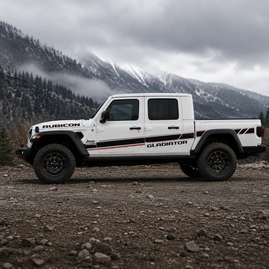 Jeep Gladiator Rubicon sport stripe decal – full driver side view on rocky mountain gravel road
