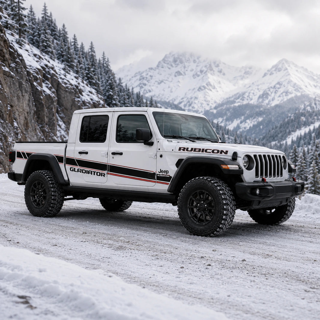 Jeep Gladiator Rubicon sport stripe decal kit – front 3/4 view on snowy mountain canyon road