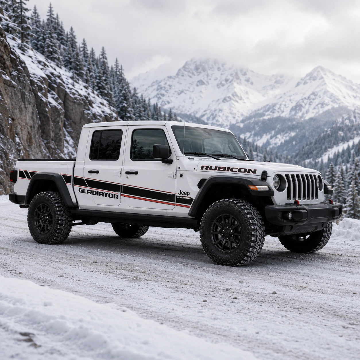 Jeep Gladiator Rubicon sport stripe decal kit – front 3/4 view on snowy mountain canyon road