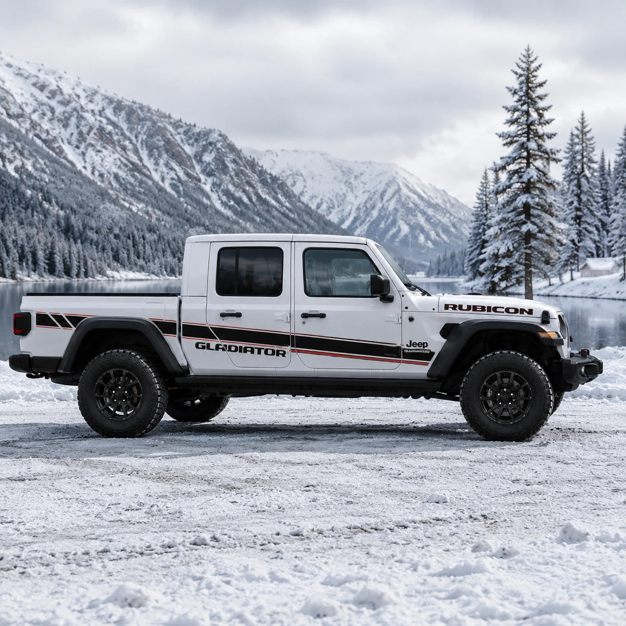 Jeep Gladiator Rubicon sport stripe decal – full passenger side view at snowy alpine lake
