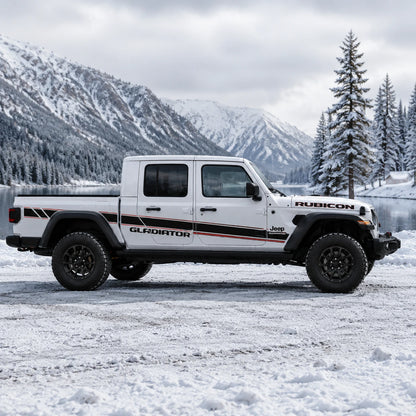 Jeep Gladiator Rubicon sport stripe decal – full passenger side view at snowy alpine lake