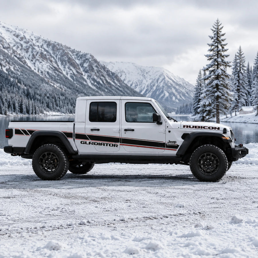 Jeep Gladiator Rubicon sport stripe decal – full passenger side view at snowy alpine lake