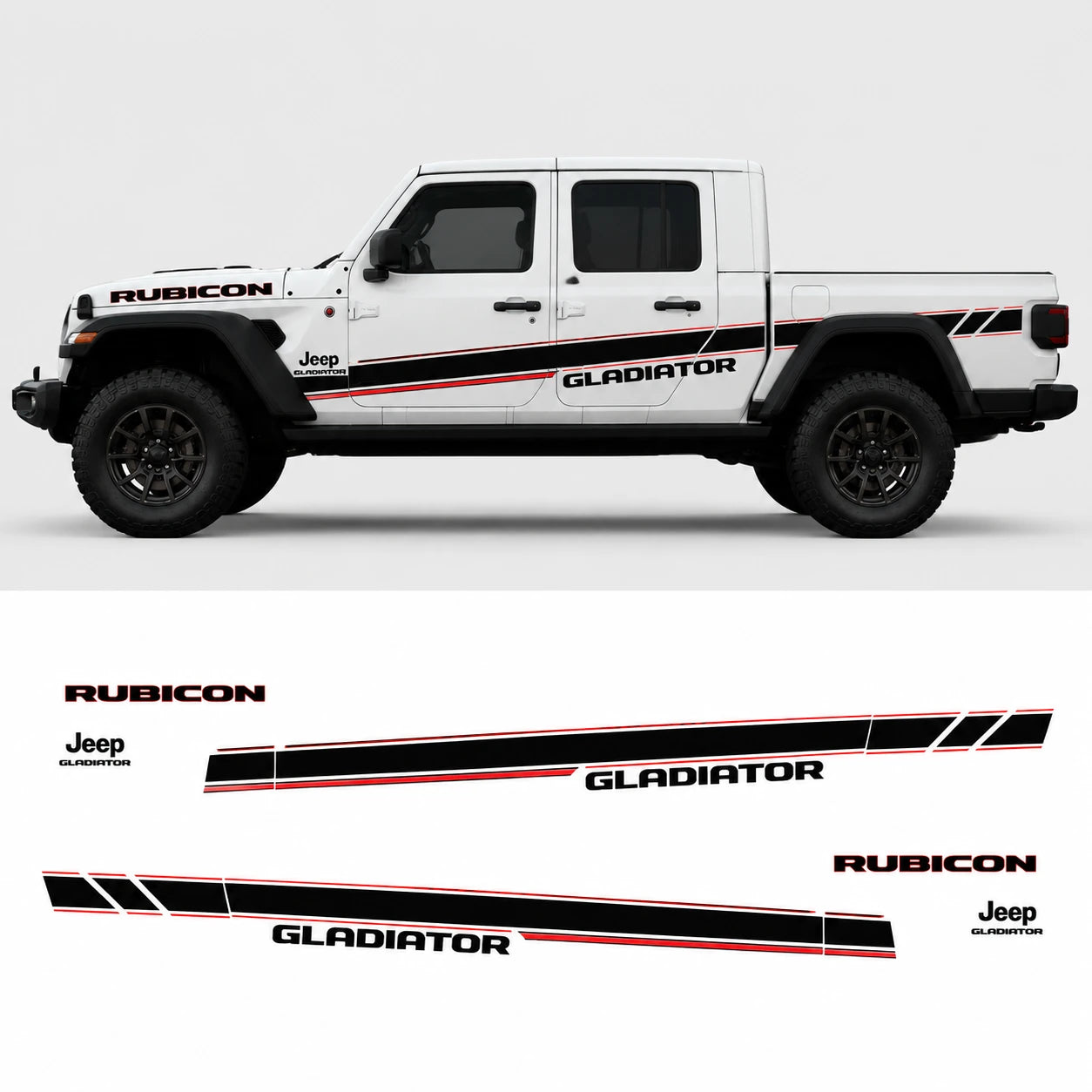 Jeep Gladiator Rubicon sport stripe decal kit – full side profile and flat decal layout on white background