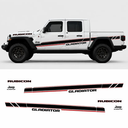Jeep Gladiator Rubicon sport stripe decal kit – full side profile and flat decal layout on white background