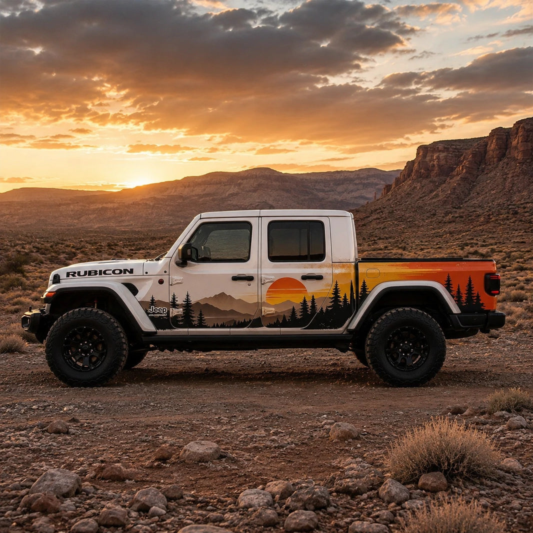 Jeep Gladiator Rubicon sunset mountain decal kit – driver side view in desert canyon at golden hour