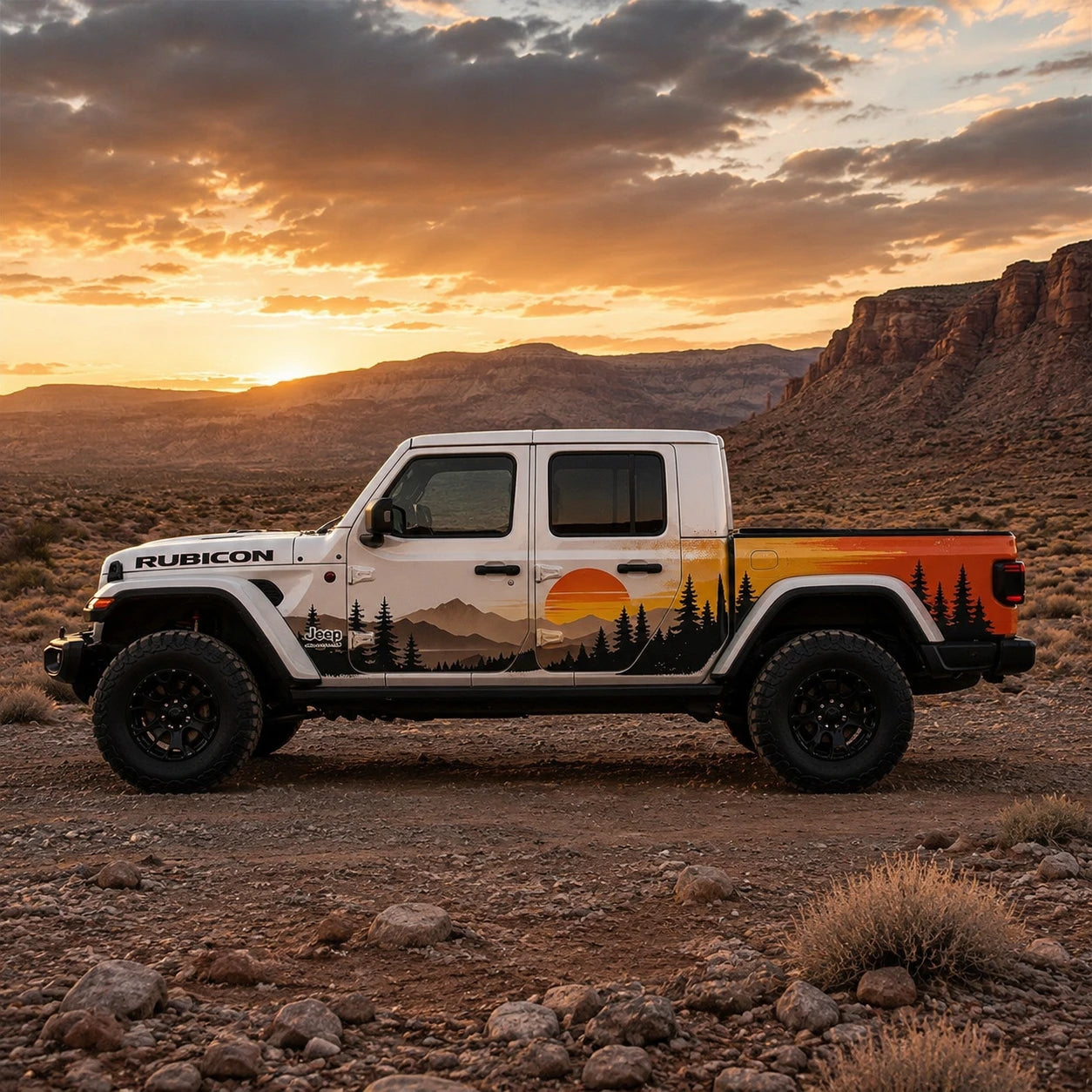 Jeep Gladiator Rubicon sunset mountain decal kit – driver side view in desert canyon at golden hour