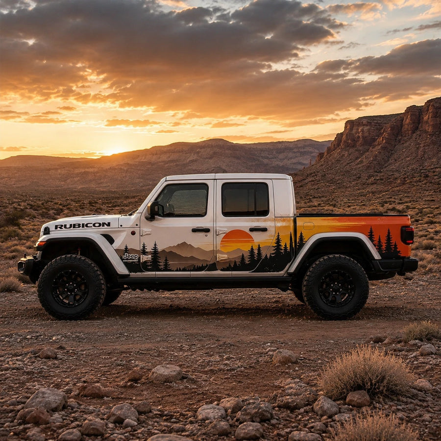 Jeep Gladiator Rubicon sunset mountain decal kit – driver side view in desert canyon at golden hour
