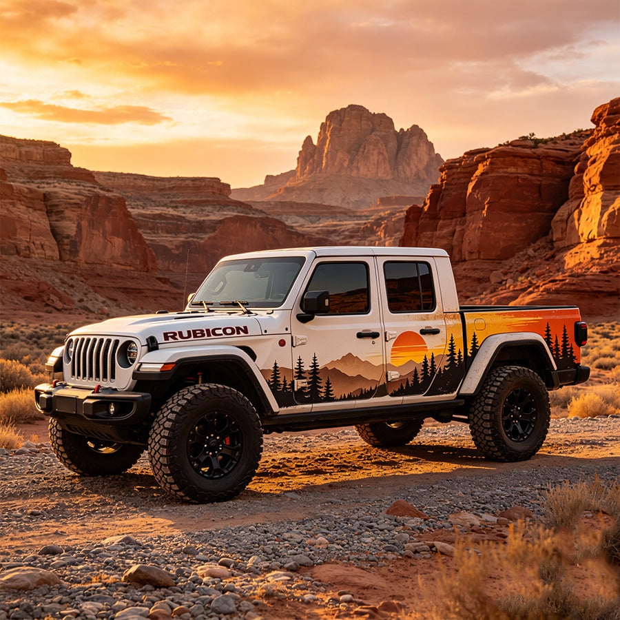 Jeep Gladiator Rubicon sunset mountain decal – front 3/4 view in red rock canyon at sunset