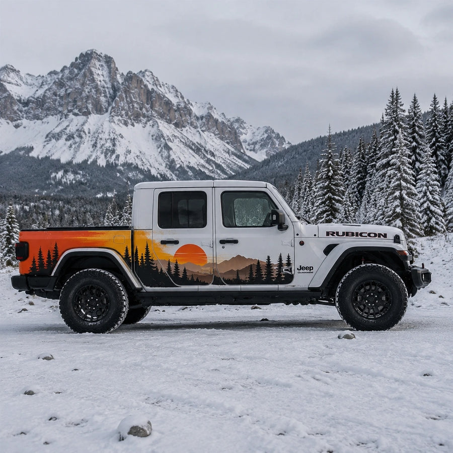Jeep Gladiator Rubicon sunset mountain decal – passenger side view in snowy mountain setting
