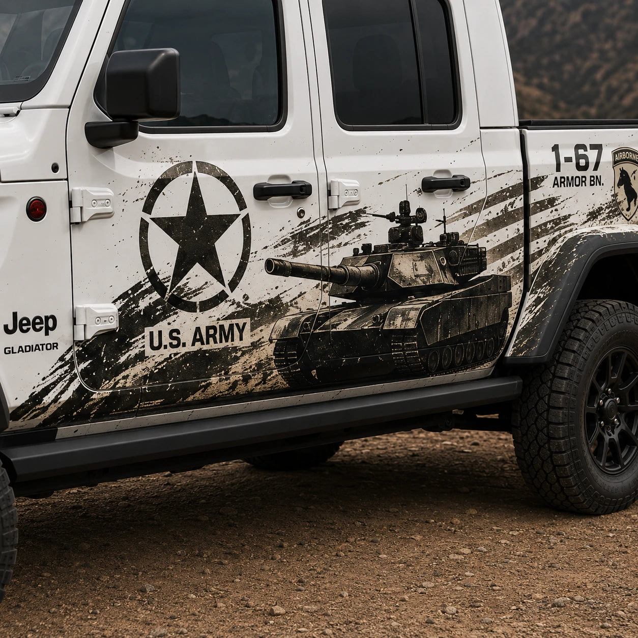 Jeep Gladiator Rubicon US Army M1A2 Abrams decal – close-up door panel tank and army star detail in desert terrain