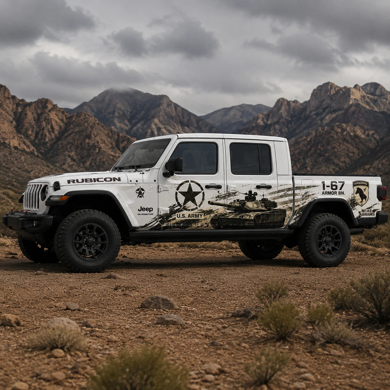 Jeep Gladiator Rubicon US Army M1A2 Abrams decal – full driver side view in rocky desert mountain setting