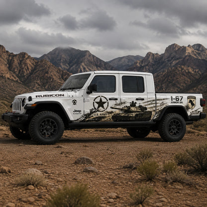 Jeep Gladiator Rubicon US Army M1A2 Abrams decal – full driver side view in rocky desert mountain setting