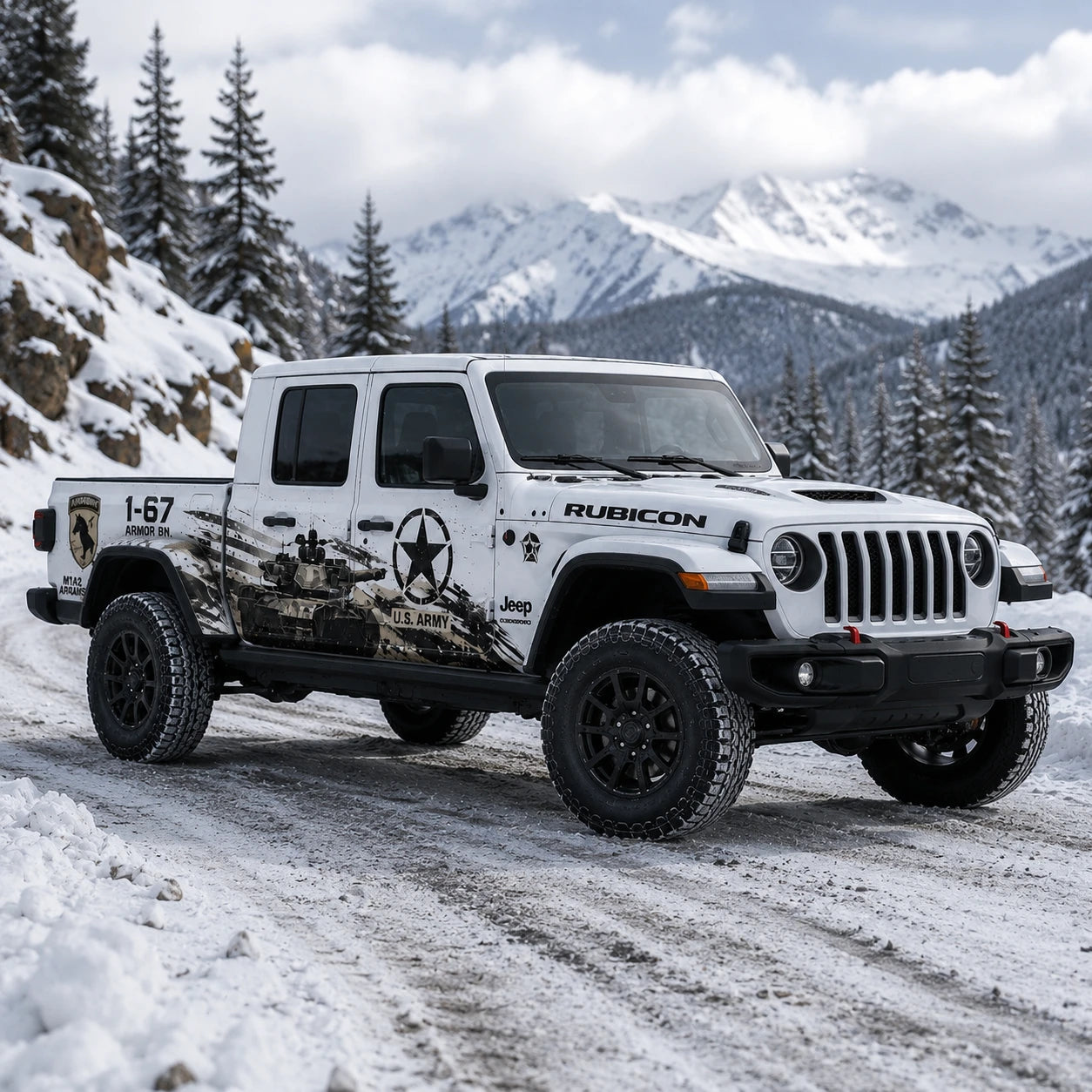 Jeep Gladiator Rubicon US Army M1A2 Abrams decal – front 3/4 view on snowy mountain road in pine forest
